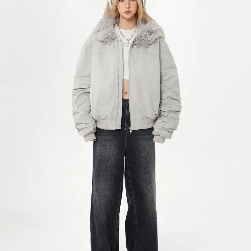 2025 Nový americký pouliční jednobarevný kabát s kapucí a bavlněnou podšívkou, dámská bunda Y2K Harajuku, oblíbená ležérní bunda, kabát Tide - náhled 4