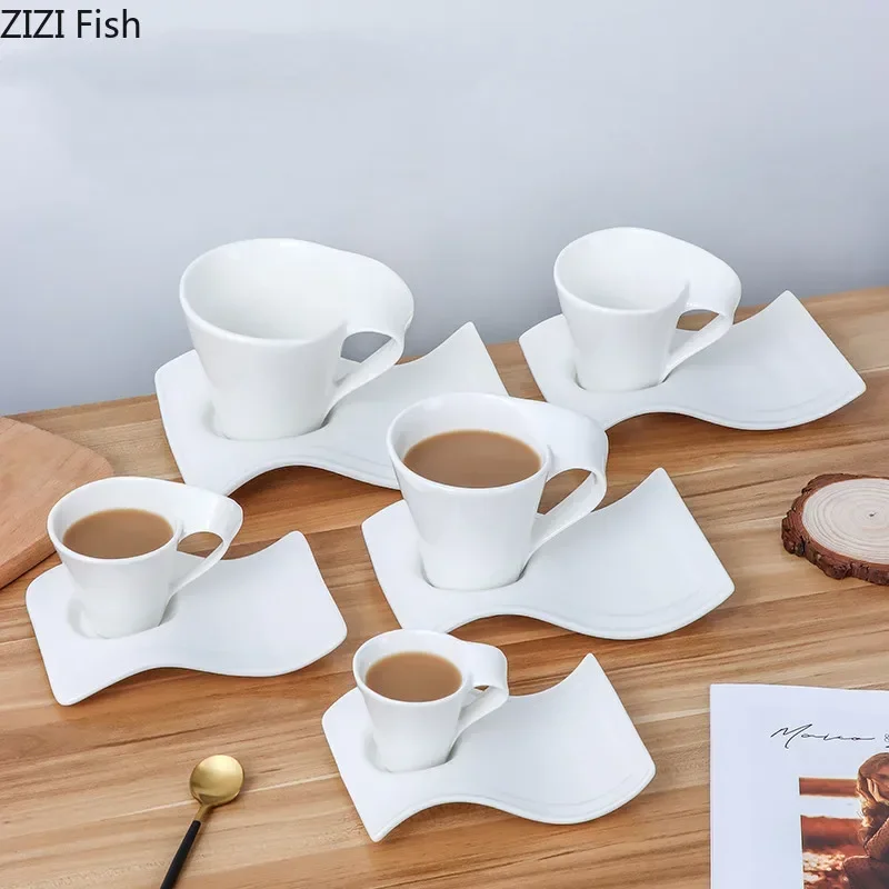 Creative European-style Ceramic Coffee Cup and Saucer Set Home Office Water Cup Tea Cup Simple Wave Mug Solid Color Drinking Set