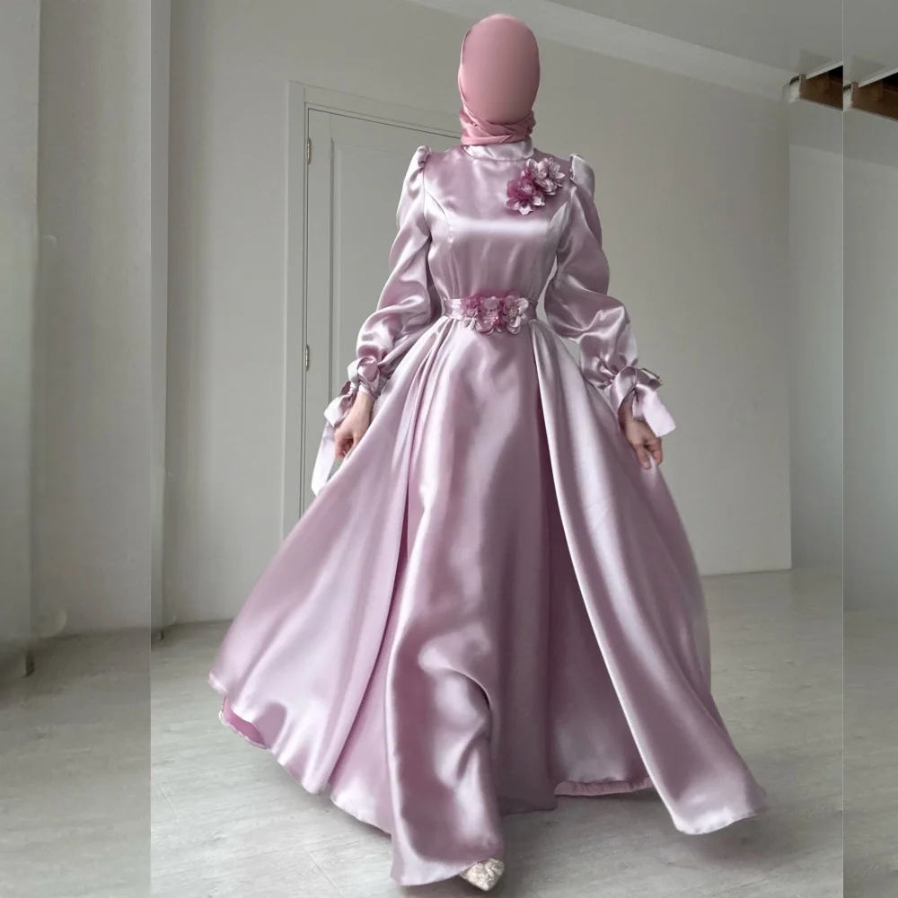 Maßgeschneidertes klassisches Abendkleid mit langen Ärmeln, Applikationen, hohem Kragen, A-Linie, lange Kleider, Hochzeitskleid, exquisit