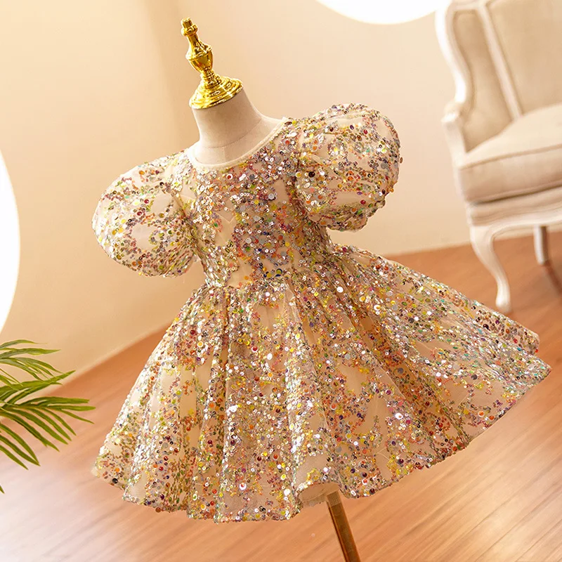 Child Girls Evening Dresses Champagne Gold Luxury 2022 Birthday Party Gown Sequin Pageant Formal Dress Teen Wedding Prom Frock