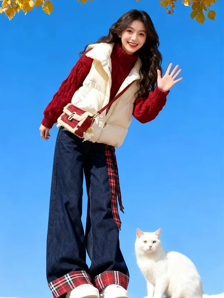 

Зимний хлопковый жилет Jaet Overlap, большой размер, свитер с высоким воротником, клетчатые джинсы с высокой талией, комплект футболок, женский...