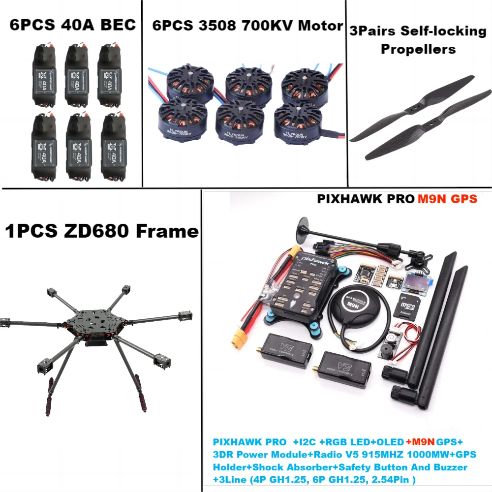 AN F680 cadre hexacoptère à bras pliable hexa-rotor entièrement en Fiber de carbone PIXHAWK PRO M8N/M9N/M10 Kit avec train d'atterrissage inflodable