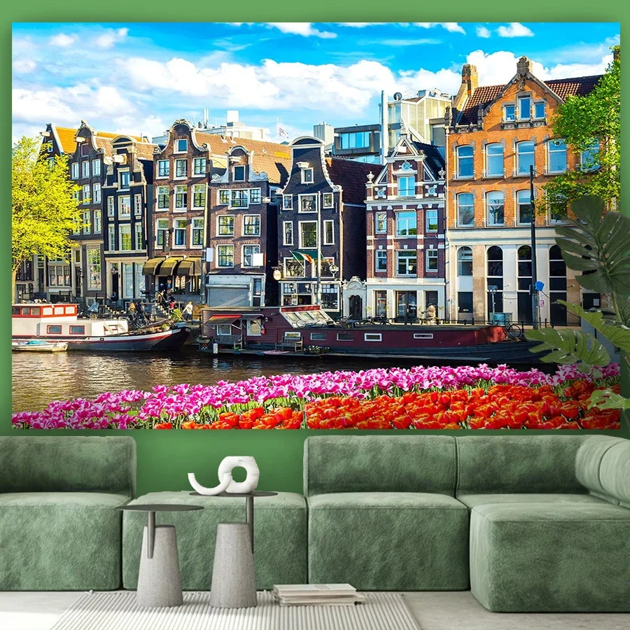 Vibrant Amsterdam Canal Cityscape Tapestry Wall Hanging Home Decor Art Print for Living Room Bedroom