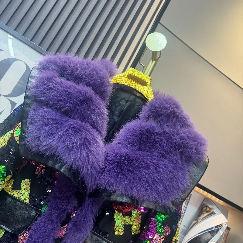 2025 خريف شتاء موضة جديدة الثقيلة الفراء الترتر المرقعة أنيق سميكة معطف الشتاء فو الفراء سترة ملابس خارجية السيدات