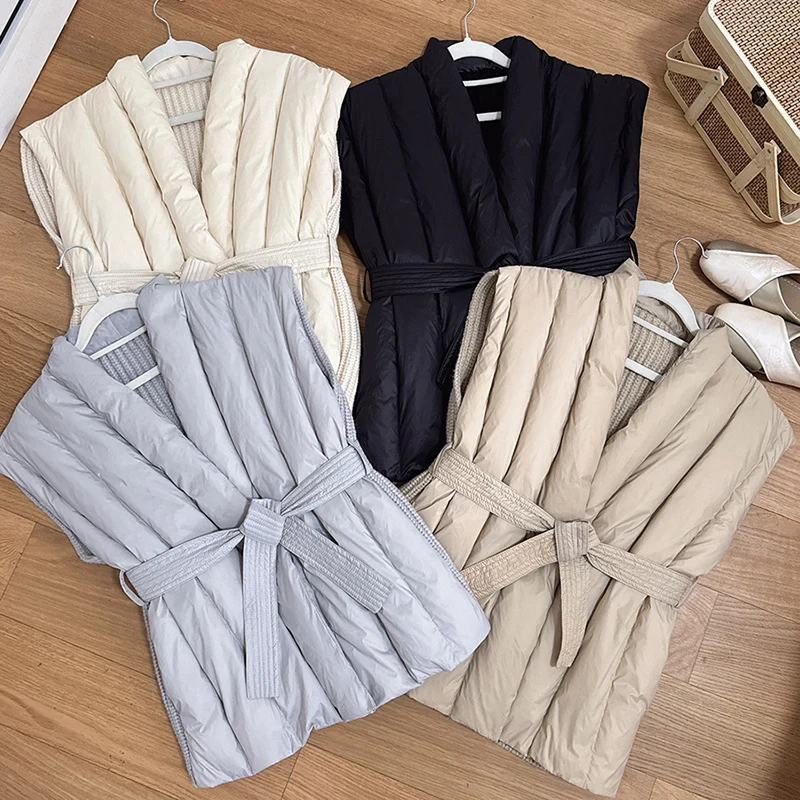 Schinteon Vrouwen 90% Witte Eendendons Breiwol Vest Herfst Winter Warme Mouwloze Jas Koreaanse Stijl Luxe Top 2024 Nieuwe