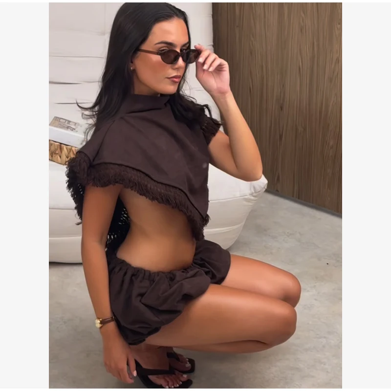 Women Solid Shorts Set Sleeveless Fringe Trim Triangle Wrap Crop Top Elastic Waist Bubble Mini Shorts Lady Vacation Beach Outfit