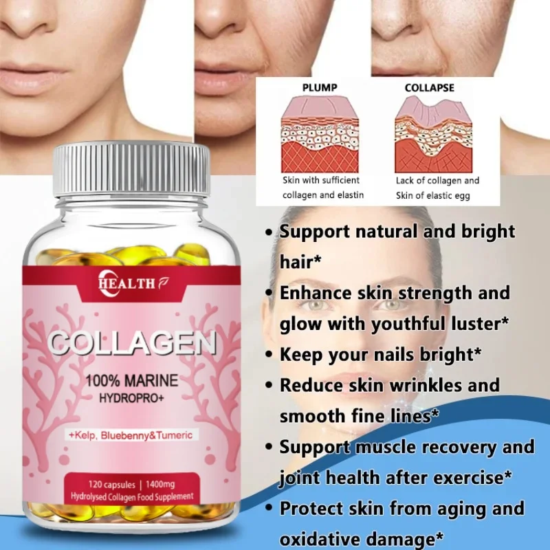 Powerful Marine Collagen - With Hyaluronic Acid, Biotin & Blueberry - 1400mg Complex-Hydrolyzed Type 1-With Vitamins & Minerals