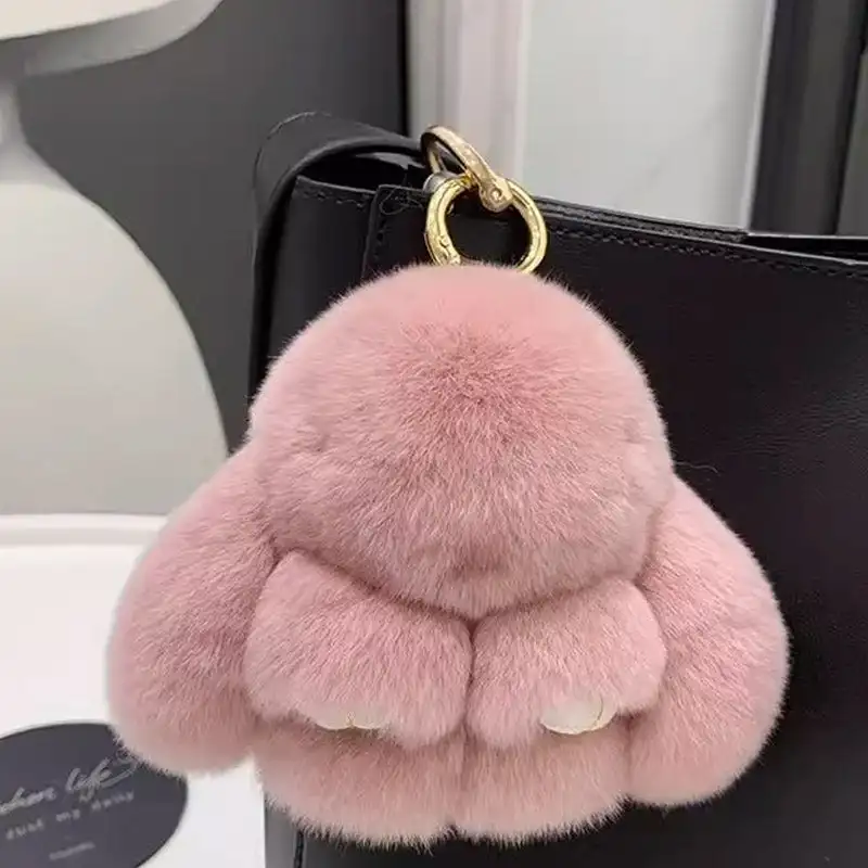 Handmade Soft Bunny PomPom Charms Hair Bow Rabbit Fur Keychain Cute Fluffy Pompoms Bunny Keychain Bag Charm Alloy Ring Plush