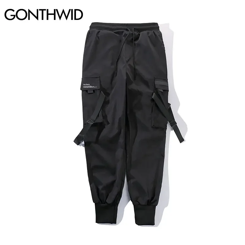 GONTHWID Ribbon Buckle Multi-Pockets Harem Joggers Pants Streetwear 2023 Men Hip Hop Casual Cargo Sweatpants Trousers Pants Male