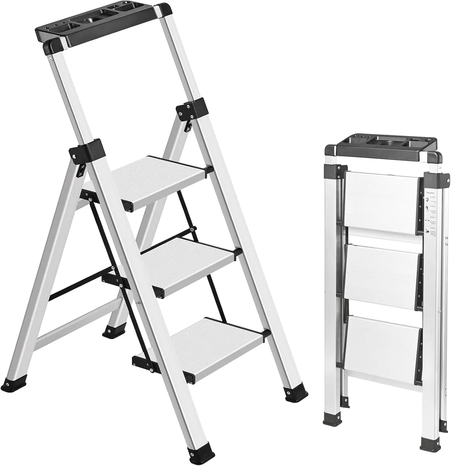 

3 Step Ladder, Retractable Handgrip Folding Step Stool Ladders with Anti-Slip Wide Pedal, Aluminum 3 Steps, 330lbs Safety