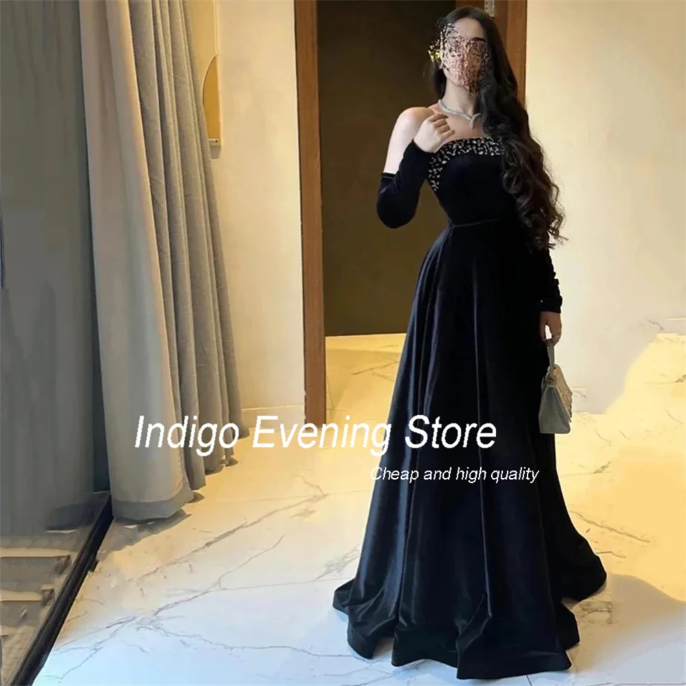 Indigo-vestido de fiesta de satén con diamantes de imitación para mujer, traje de noche elegante de media manga con cuentas, sin tirantes