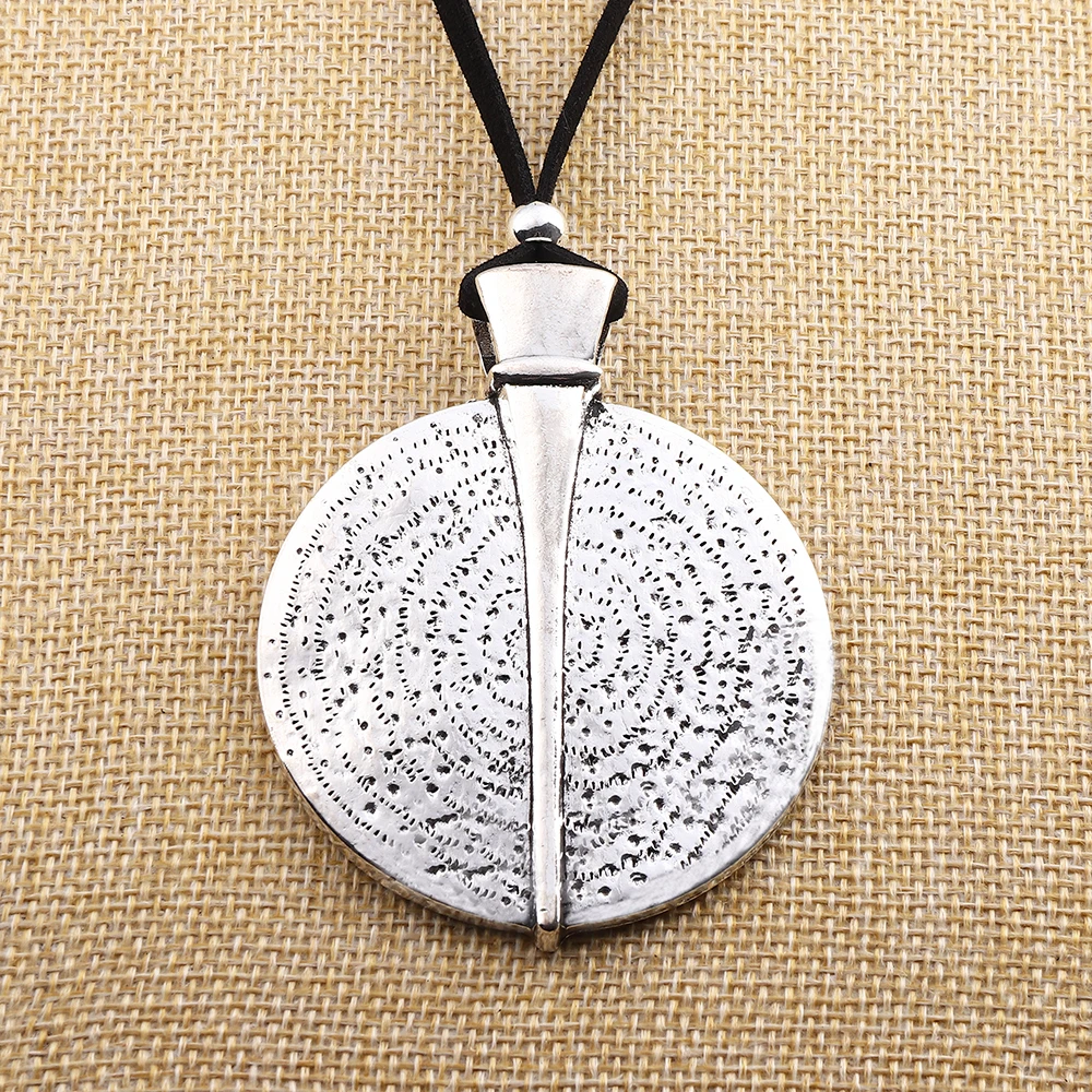 

Tibetan Silver Boho Large Medallion Round Pendant Necklace on Long Black Suede Cord Lagenlook 32‘’ for Jewelry Women