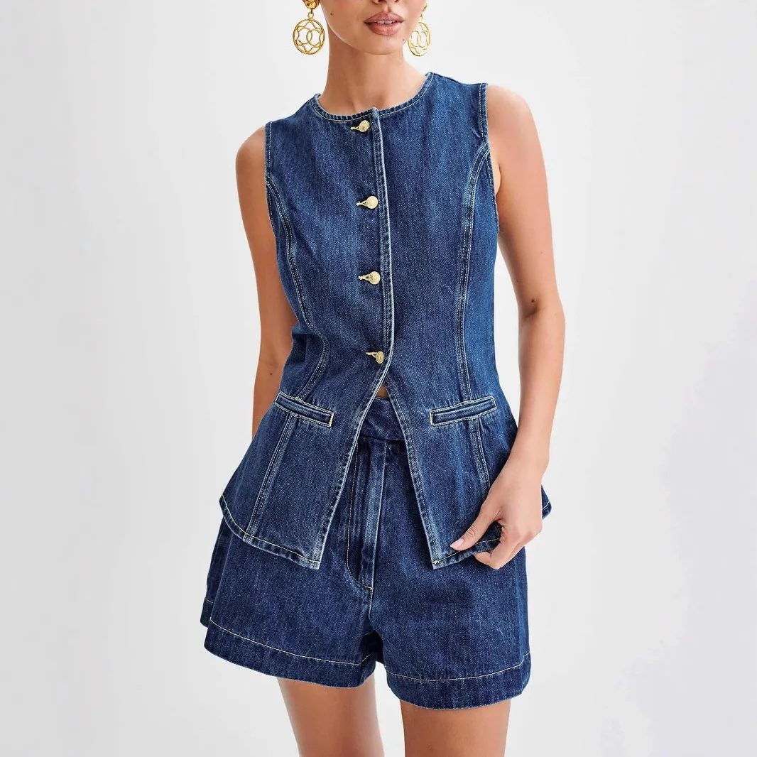 

2025 New Fashion Women's Denim Long Vest Tops Button-up Back Slit Sleeveless Pocket Round Neck Waistcoat