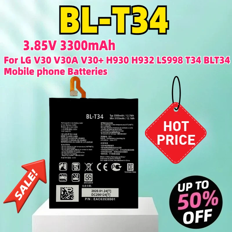 

3.85V BL-T34 3300mAh Replacement Battery For LG V30 V30A V30+ H930 H932 LS998 T34 BLT34 Mobile phone Batteries
