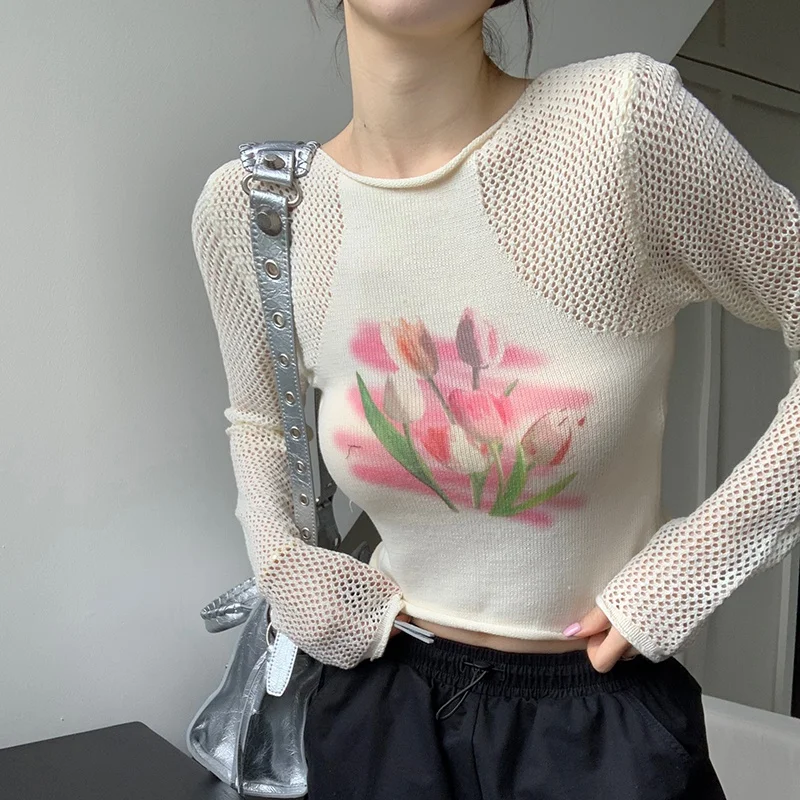 Women's knitwear Breathable Mesh Women's long sleeves Hollow out Navel exposed Tulip pattern High waisted Short style