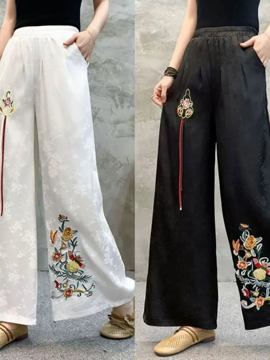 

Шелковые брюки с вышивкой, широкие, с высокой талией, в этническом стиле, повседневные, свободные, длинные, с эффектом похудения, новая китайская мода
