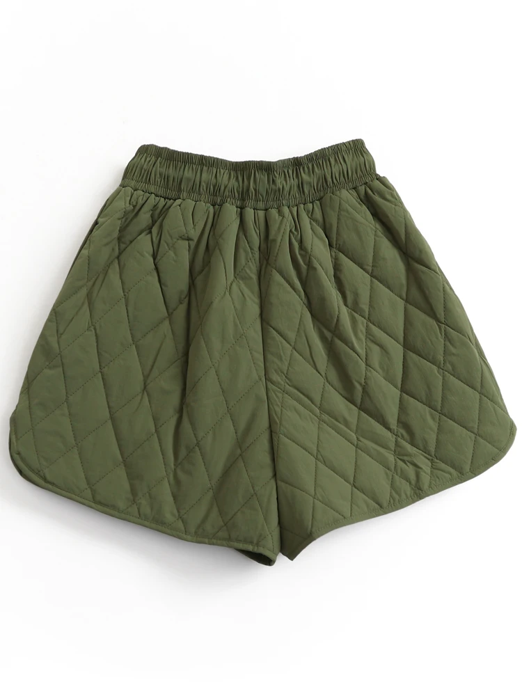 High Waist Pure Color Quilted Cotton Shorts with Belt Wide Leg Pants Autumn Winter New Style Women's Outerwear B057