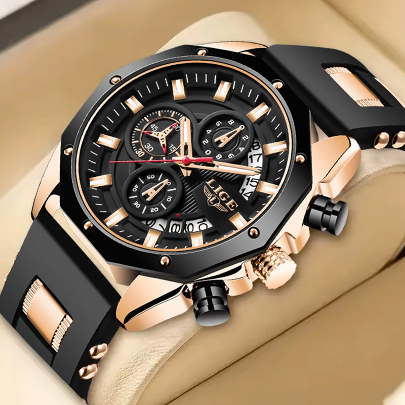 

LIGE новые часы с большим циферблатом, мужские военные спортивные светящиеся мужские часы, повседневные деловые силиконовые водонепроницаемые кварцевые наручные часы с хронографом