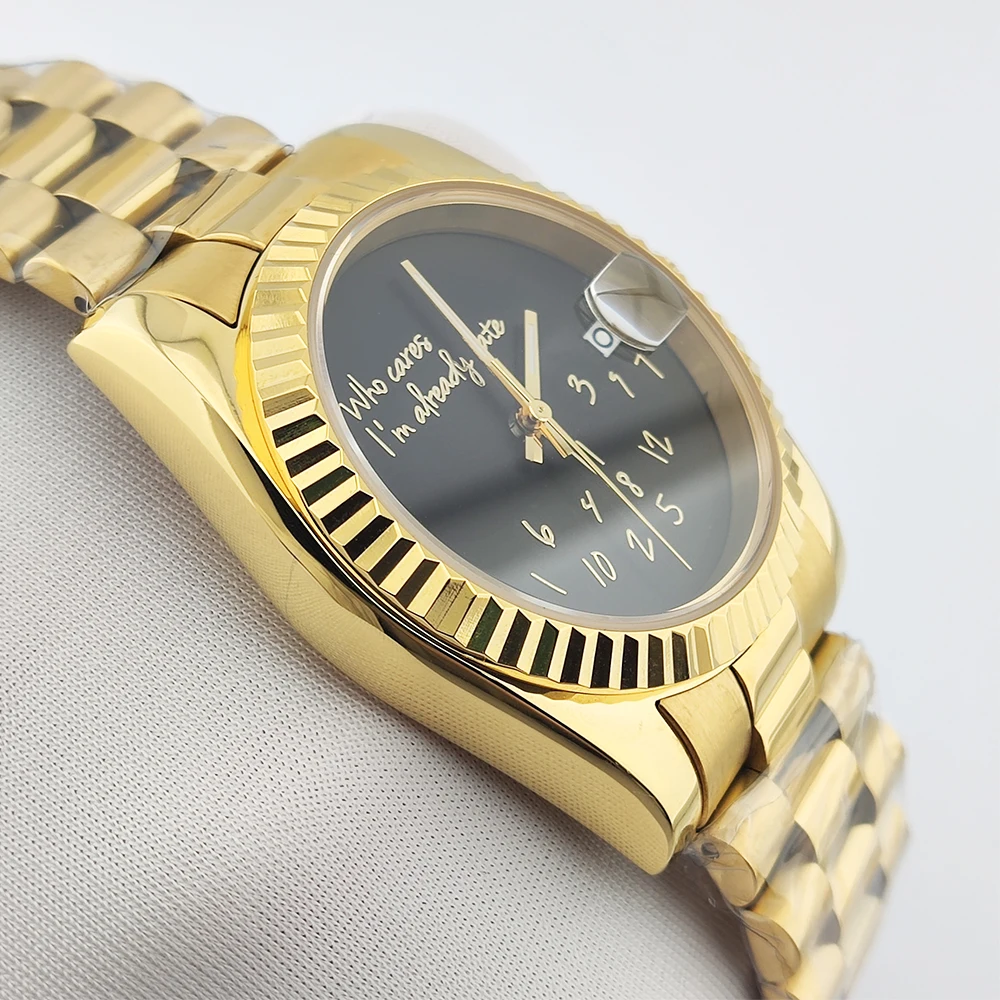 Montre nh35 en or pour hommes, 36/39mm, sans Logo, texte doré, verre saphir, acier inoxydable, mouvement nh35, étanche