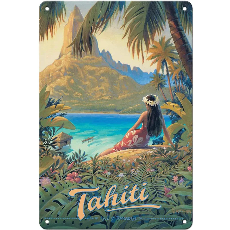 

Tahiti - Isle of Paradise - Society Islands - Vintage Travel Poster by Kerne Erickson -Vintage Metal Tin Sign shed signs 8X12in