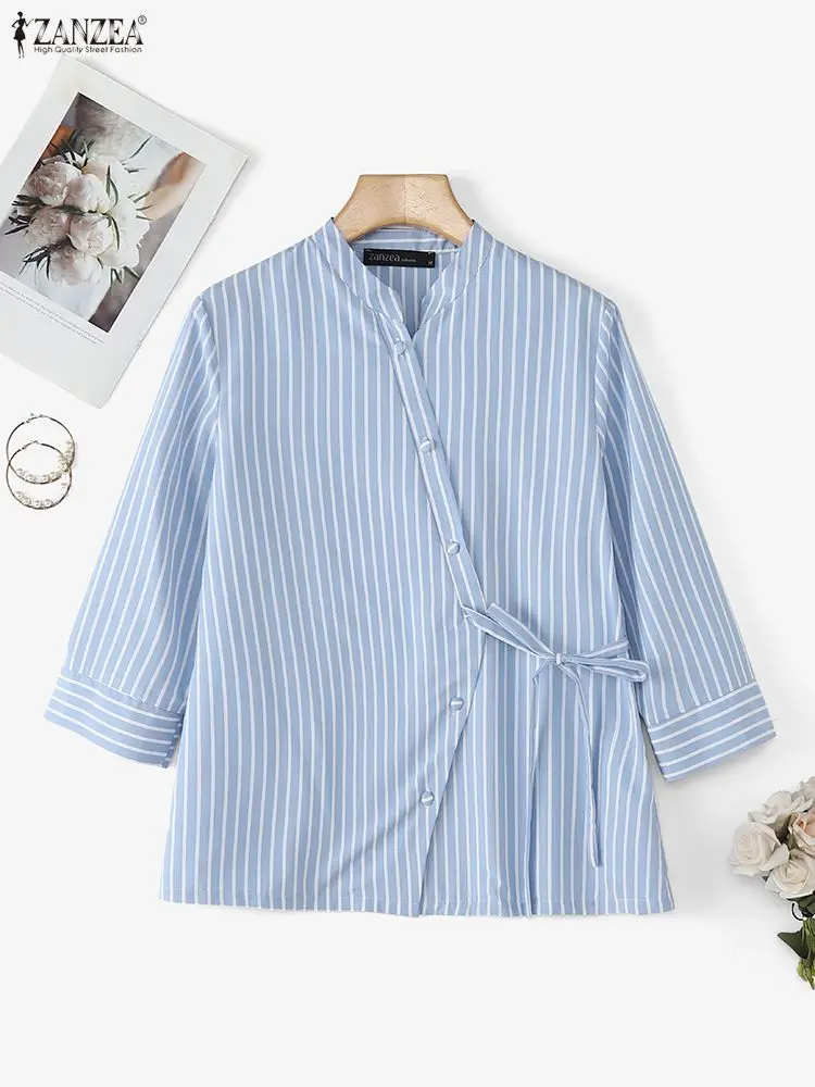 ZANZEA Camicie da donna estive Camicetta a righe Moda girocollo Stampa Elegante Office Lady Streetwear Blusas Abbigliamento femminile Top
