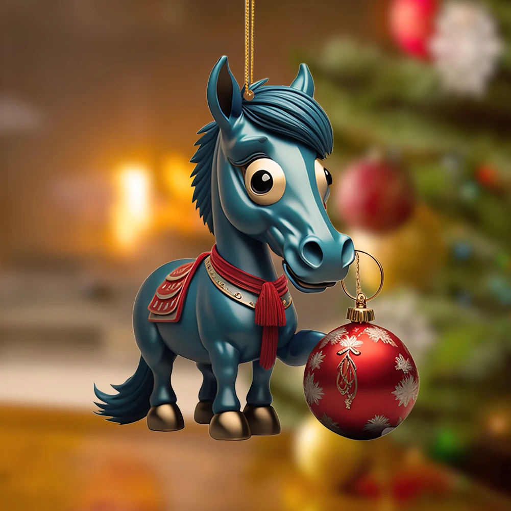 6-1pcs Christmas Cartoon Horse Stepping On Decoration Christmas Horse Pendant Ornament 2D Cute Horse Hanging New Year Decor 2024