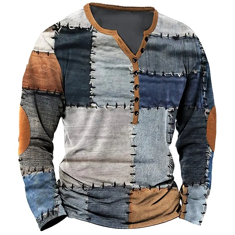 Patchwork Denim Retro Mesh Graphics 3D Printing Men's Long Sleeve Button T-shirt Spring And Autumn Oversized Man Clothing Top