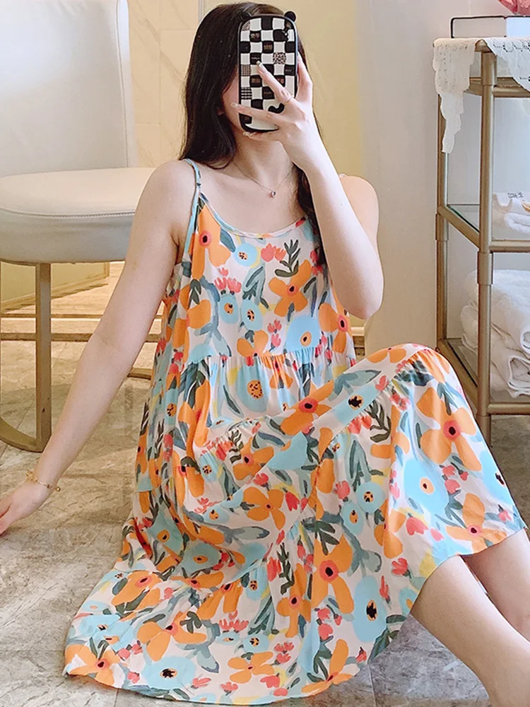 

plus Size Cotton Silk Sp Dr Summer Cute Home Clothes Women's Strap Dr Large Size Spwear New 2024 Printed round Ne