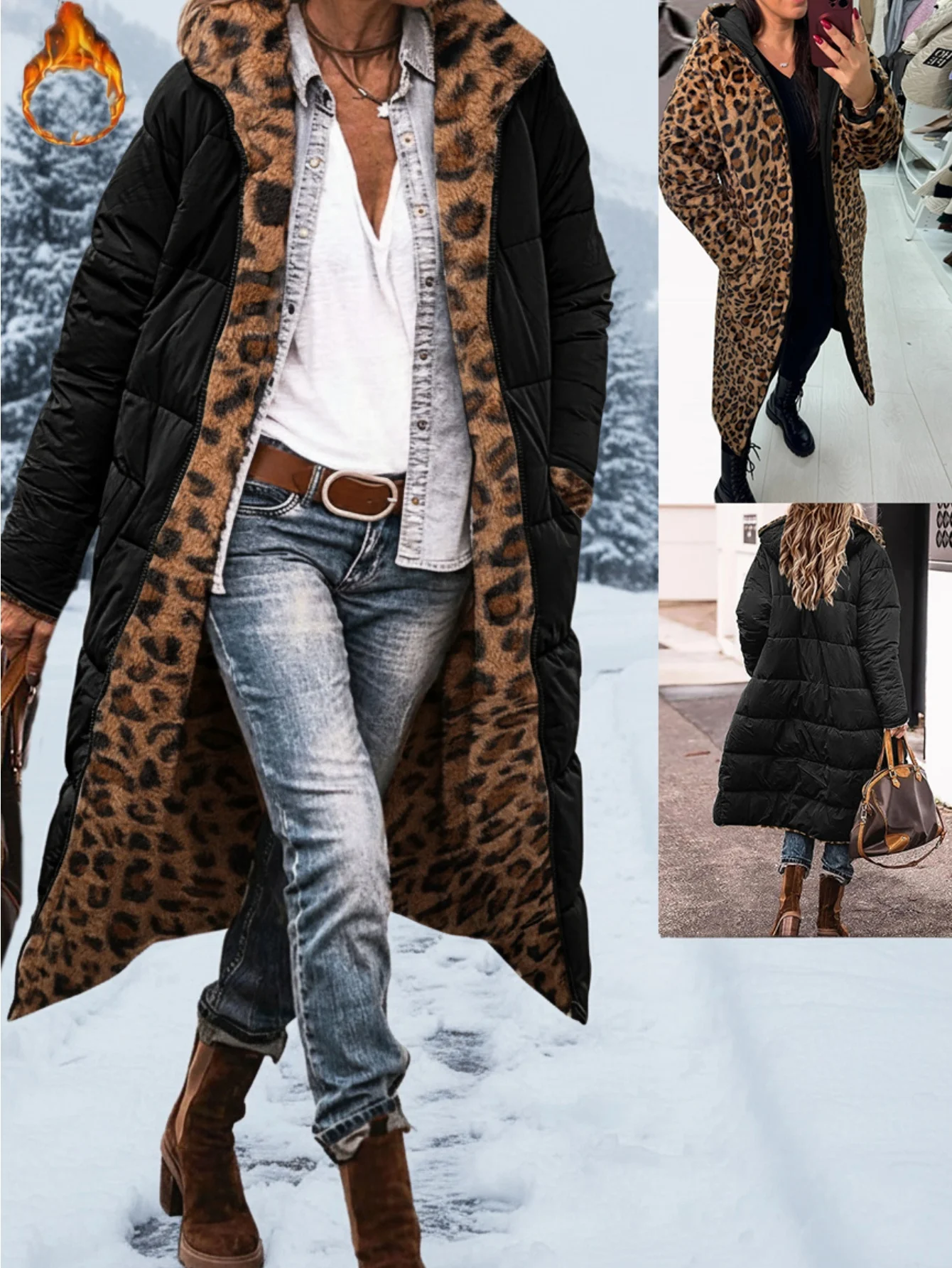 

Женская двусторонняя длинная куртка-пуховик с капюшоном и леопардовым принтом, теплая зимняя толстая куртка для повседневной носки на улице