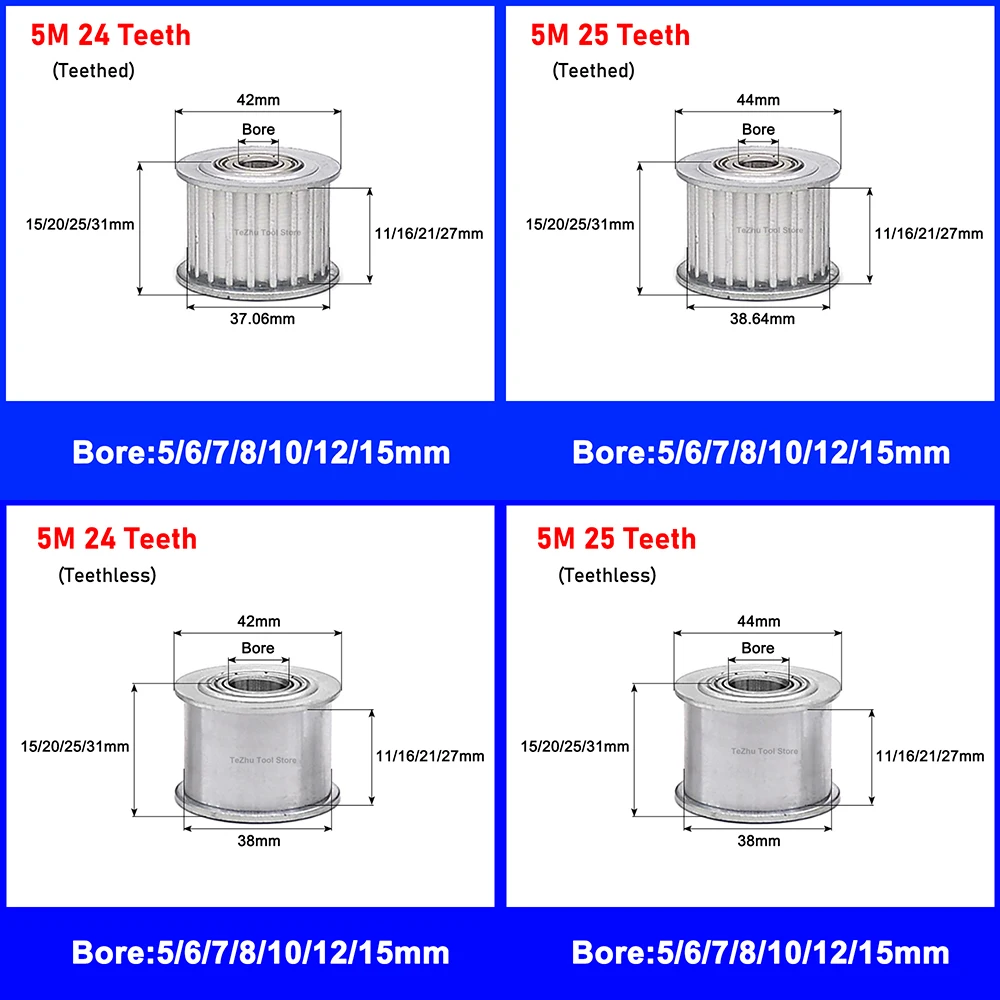 1Pcs HTD5M 24/25/26/28 Teeth Synchronous Wheel Idler Pulley With Bearing Bore 5mm-15mm Slot Width 11/16/21/27mm