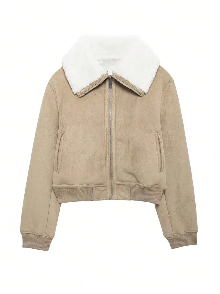 Hh outono inverno feminino grosso casaco quente turn-down colarinho manga longa com zíper jaqueta casual sólido senhora do escritório chique outerwear