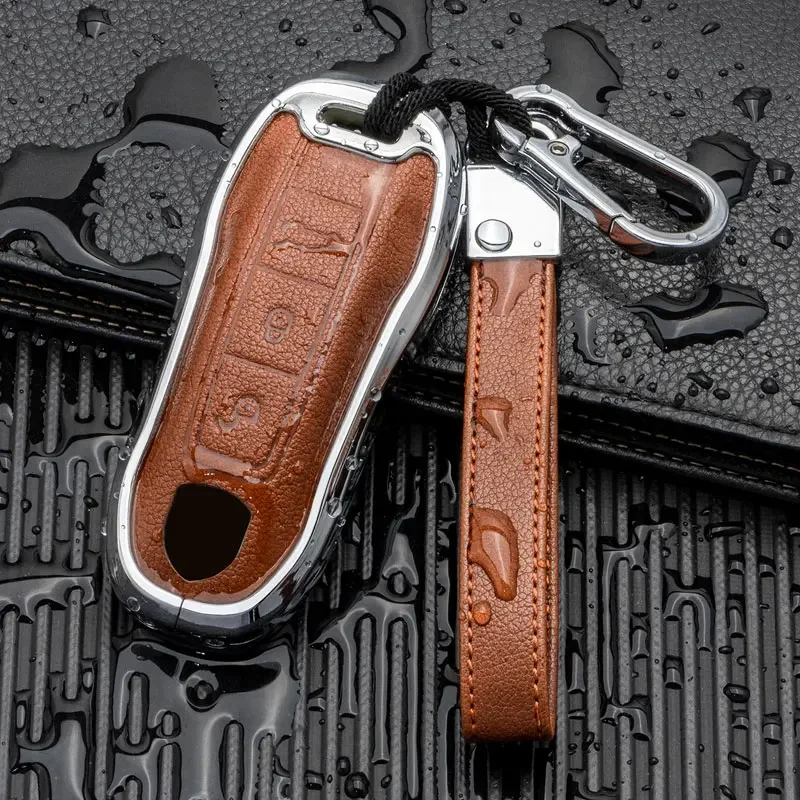 Alloy Leather Car Key Case for Porsche Panamera Cayenne 911 971 992 Spyder Carrera Macan Boxster Cayman Key Fob Shell Cover