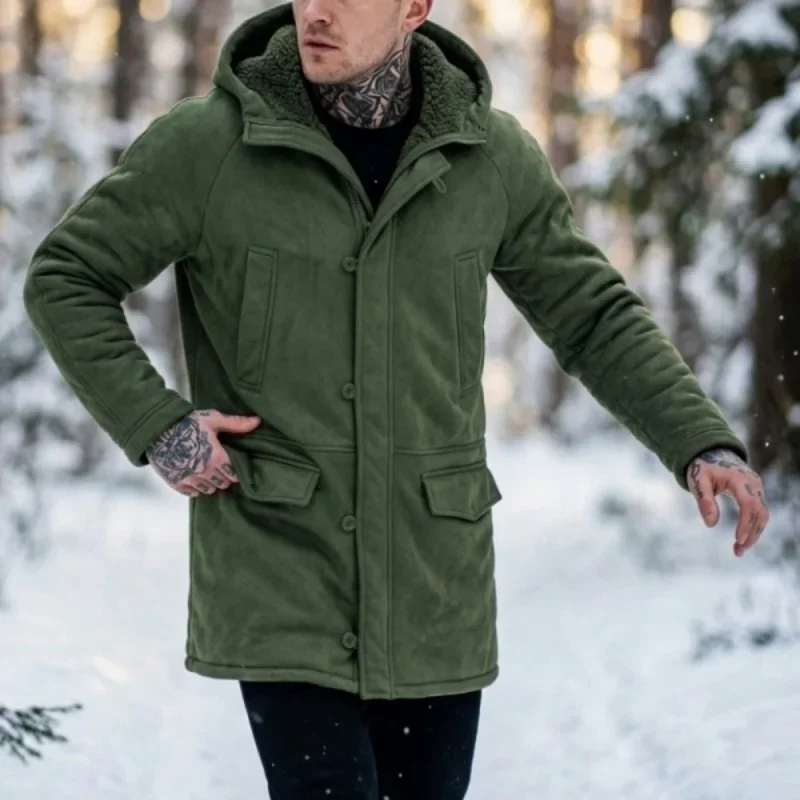 2026 Men Hooded Fleece Jacket New Winter Arrival Faux-Fur Lined Coat Outdoor Windproof Jacket Hunting Hiking Windbreaker Jacket