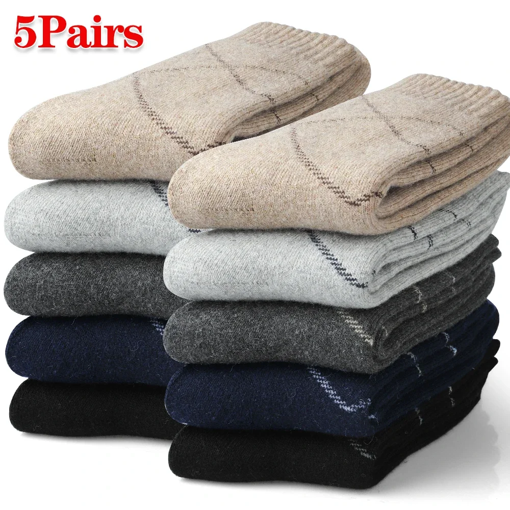 5Pairs Wool Winter Thermal Sock Classic Geometric Pattern Thick Warm Crew Socks Soft Fleece Mid Calf Socks for Men Cold Weather