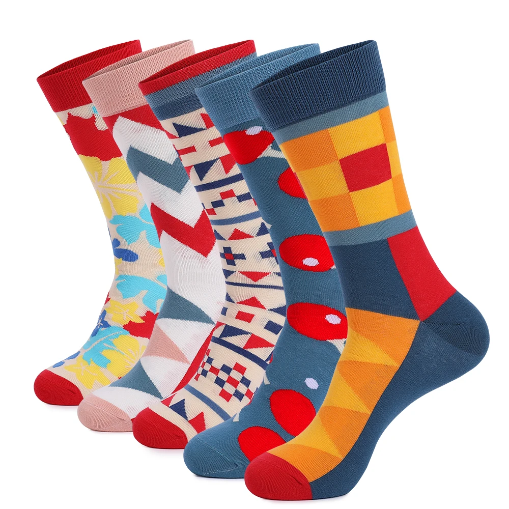 5Pairs Mens Fun Dress Socks, Pattern Funny Socks Pack, Colorful Striped Combed Cotton Novelty Socks，Cool Breathable Casual Socks