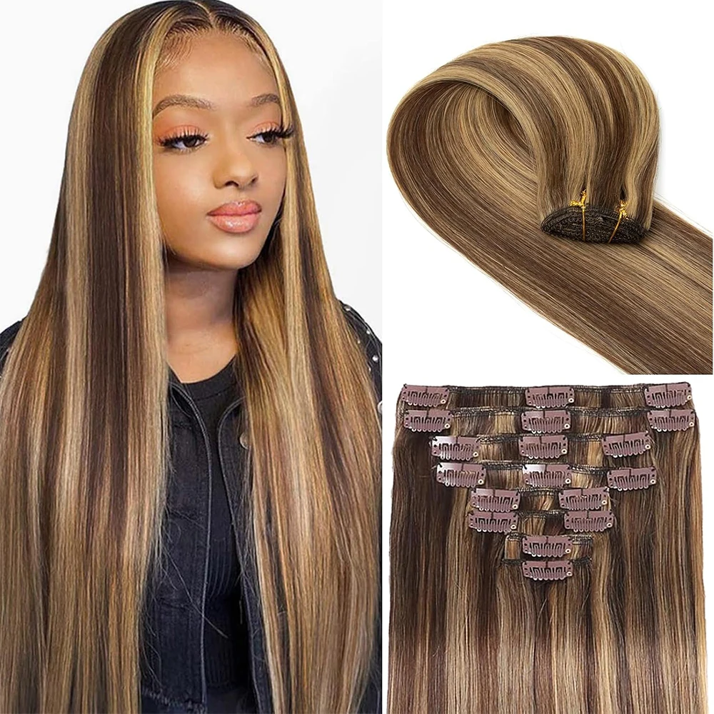 

4/27 Highlight Hair Extension Straight Clip in Hair Extensions 28 Inch Soft Brazilian Real Human Hair Ombre Brown Straight Clip ins 8Pcs Per Set with 18 Clips Remy Honey Blonde Human Hair Extensions For Women
