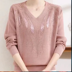 Spring Autumn New V-neck Fashion Long Sleeve Sweater Women High Street Casual Loose Printing Pullovers Elegant Rhinestone Tops