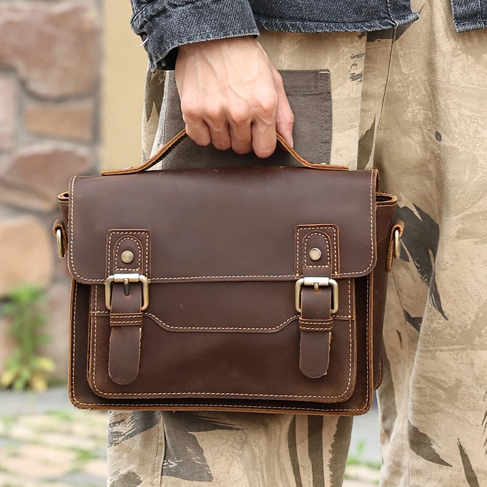 Men's Small Square Bag Crazy Horse Casual Vintage Shoulder Bag Genuine Leather Crossbody Bag Vintage Postman Bag For Men