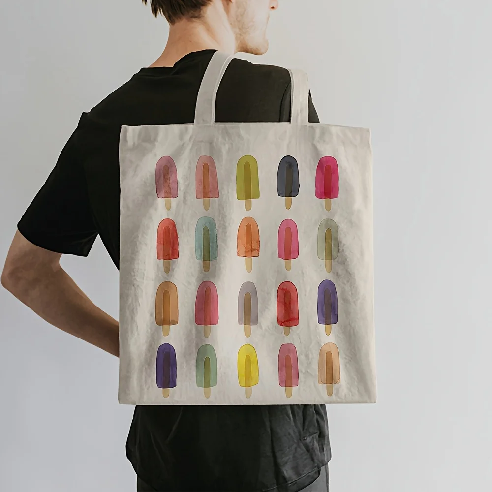1pc Minimalist Ice Cream Cone Tote Bag - Large 35.05cm x 40.13cm Rectangular Shopping Bag with Pastel Colors (Pink, Green, Yello