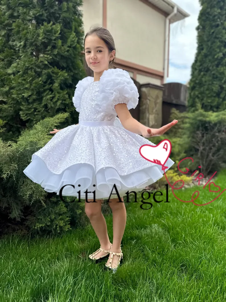 

Puffy White Baby Toddler Princess Ball Gown Kids Newborn Party Beads Tulle First Holy Communion Wedding Dresses Baptism Outfits
