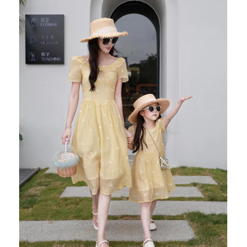 

Mother and Daughter Matching Summer Dress Mom and Baby Girls Same Clothes Mommy and Me Short Sleeve Elegant Dresses for Women