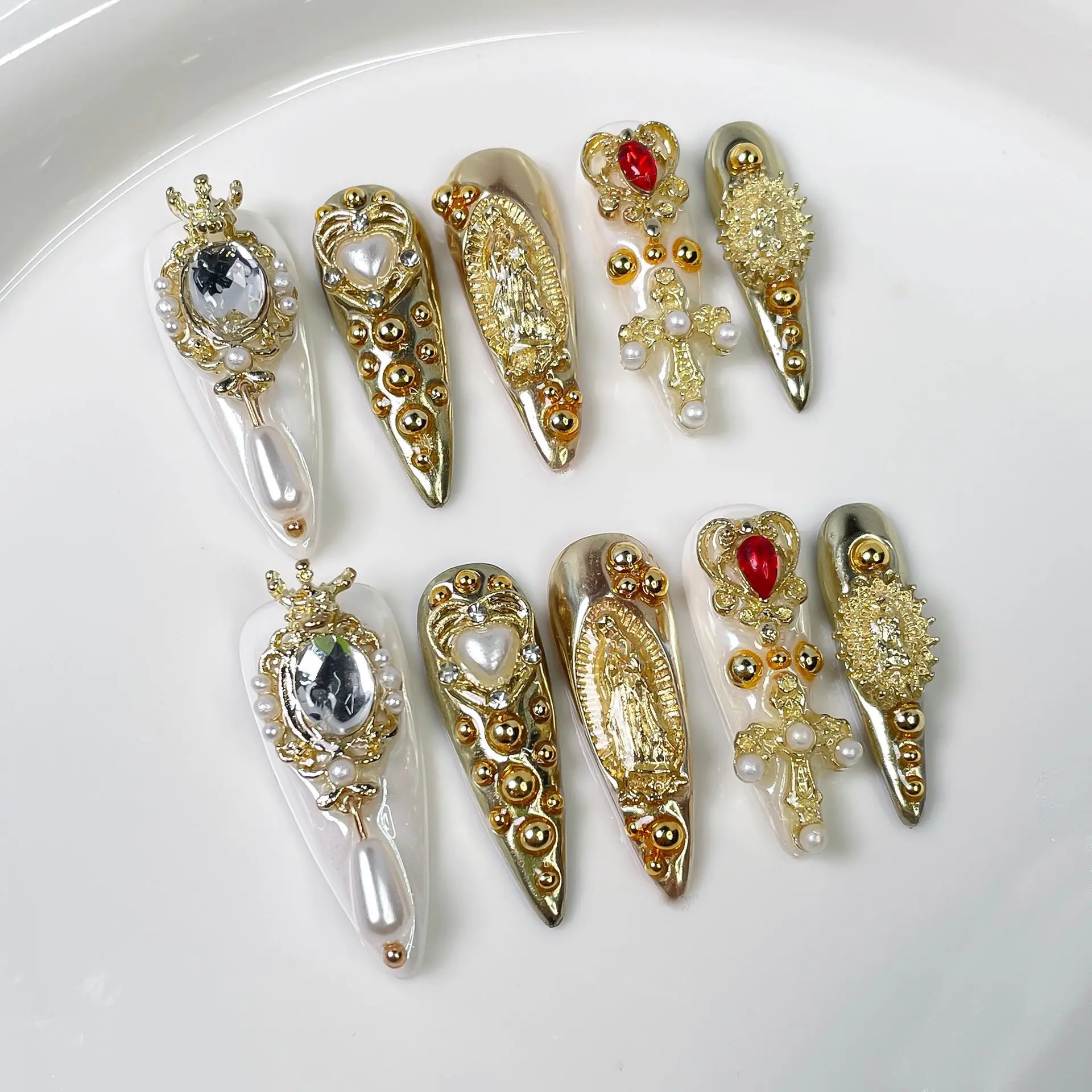 

10Pcs Retro Golden Stiletto Handmade Press on Nails Fake Nails with 3D Decoration Wearable Stick-on Nails False Nail 네일팁 Uñas