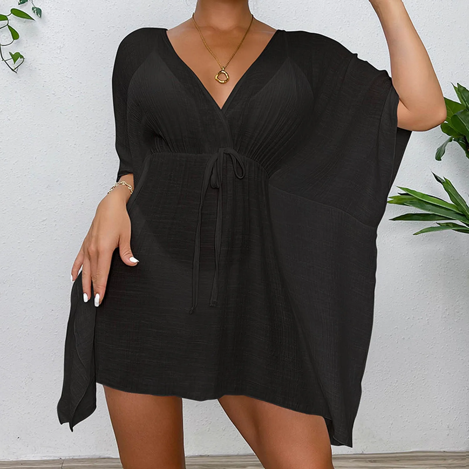 2024 Summer Women Swimsuit Cover Up Drawstring Kaftan V Neck Loose Wrap Dress Robe Solid See Through Beachwear Dresses