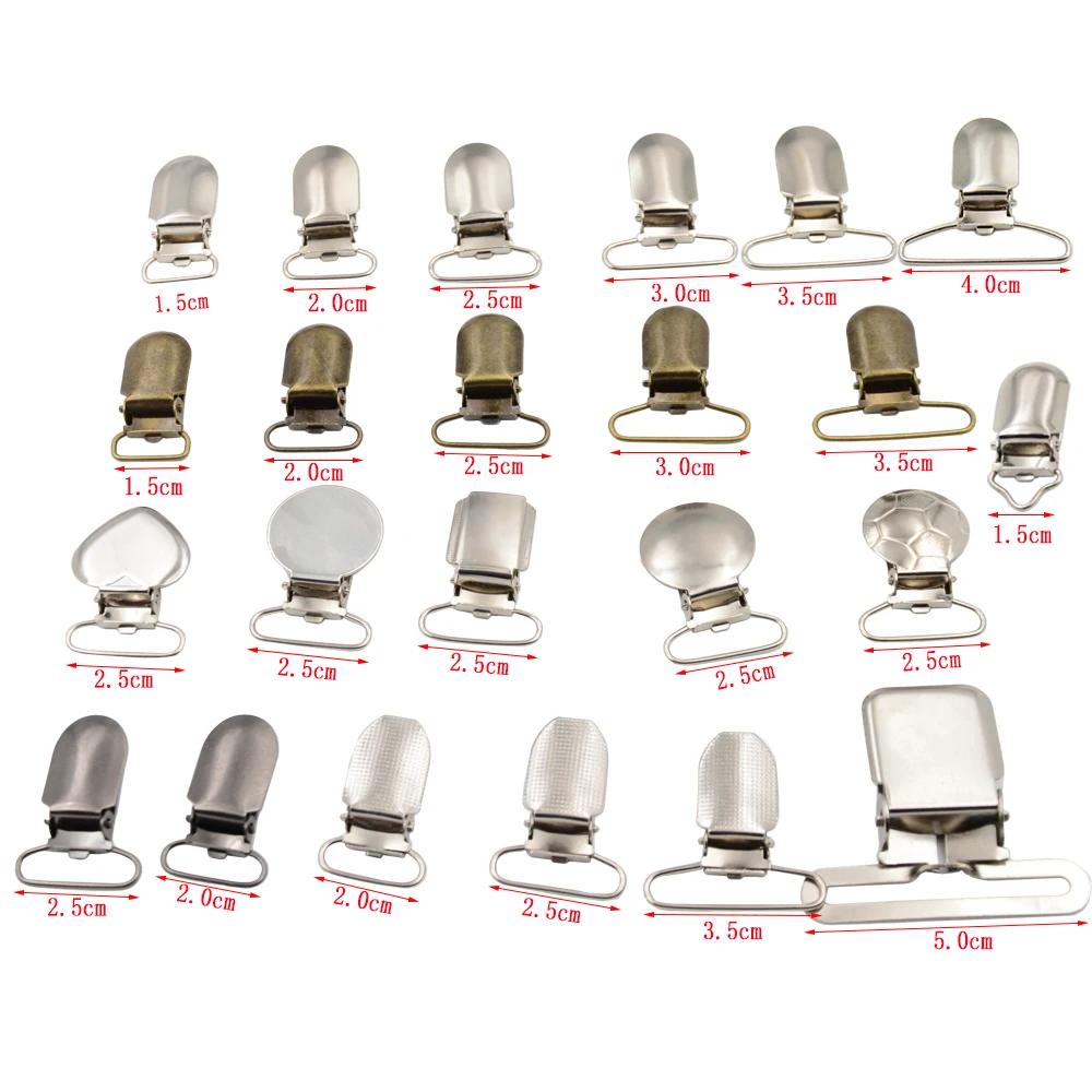 10pcs/lot Suspender Clips Lead Metal Pacifie Baby Holder Soother Hook 1.5cm 2cm 2.5cm 3cm 3.5cm 4cm 5cm For Braces Suspenders