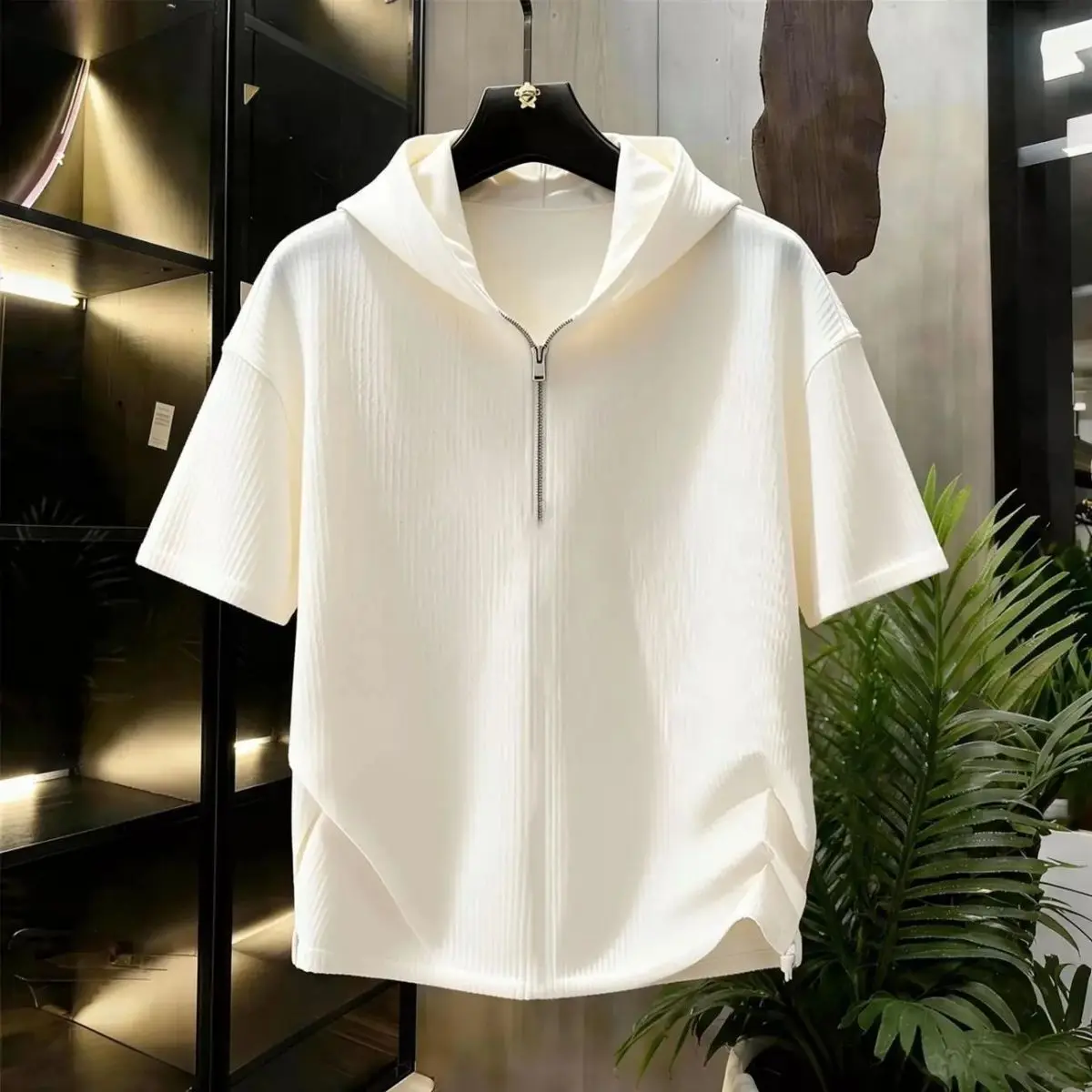 Men's White Hooded Short Sleeve T-Shirt with Front Zipper Casual Summer Top Breathable Lightweight Tee