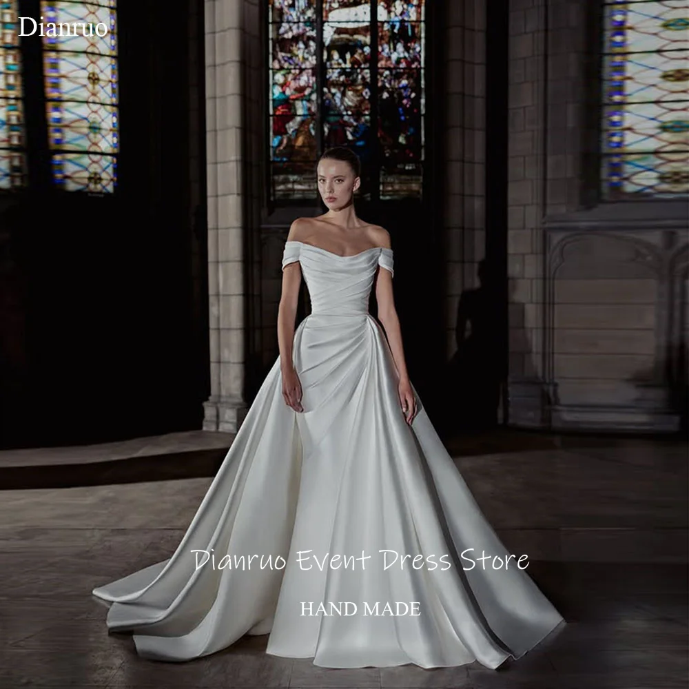Dianruo Gaun Pengantin Satin Formal Gaun Pengantin Romantis Belahan Tinggi Tanpa Tali Gaun Pengantin Tanpa Bahu Vestido Noiva Princesa Disesuaikan