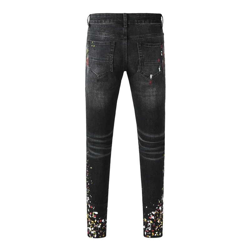 

Y2K designer street fashion boutique men's retro black distressed painted jeans elastic tight jeans hip-hop brand high-qualit