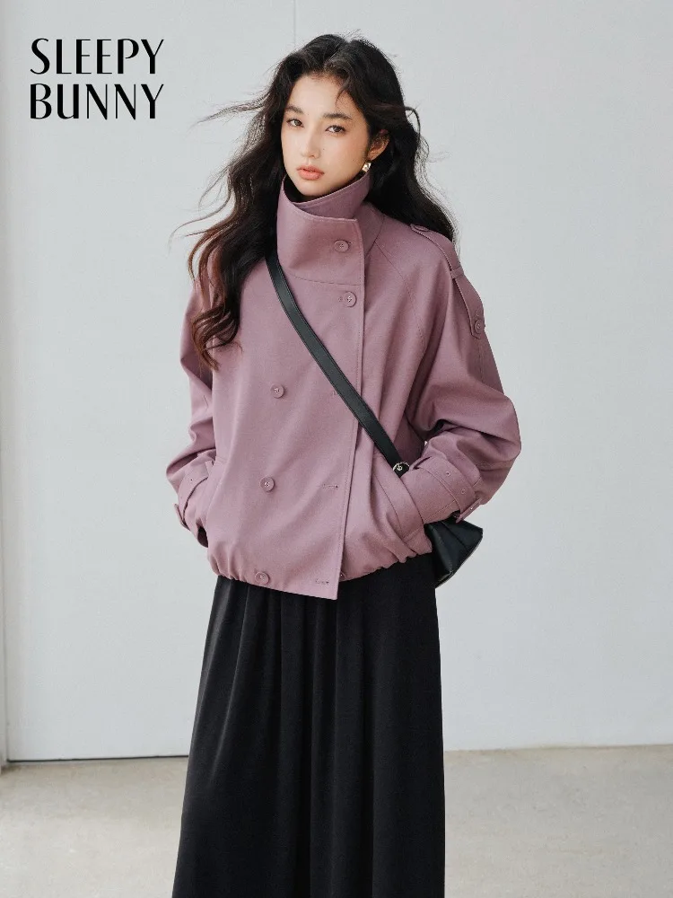 

Women Elegant Double Breasted Jacket Lady Short Trench Coat High Neck Loose Fit Slim British Retro Style Autumn Casual Outerwear