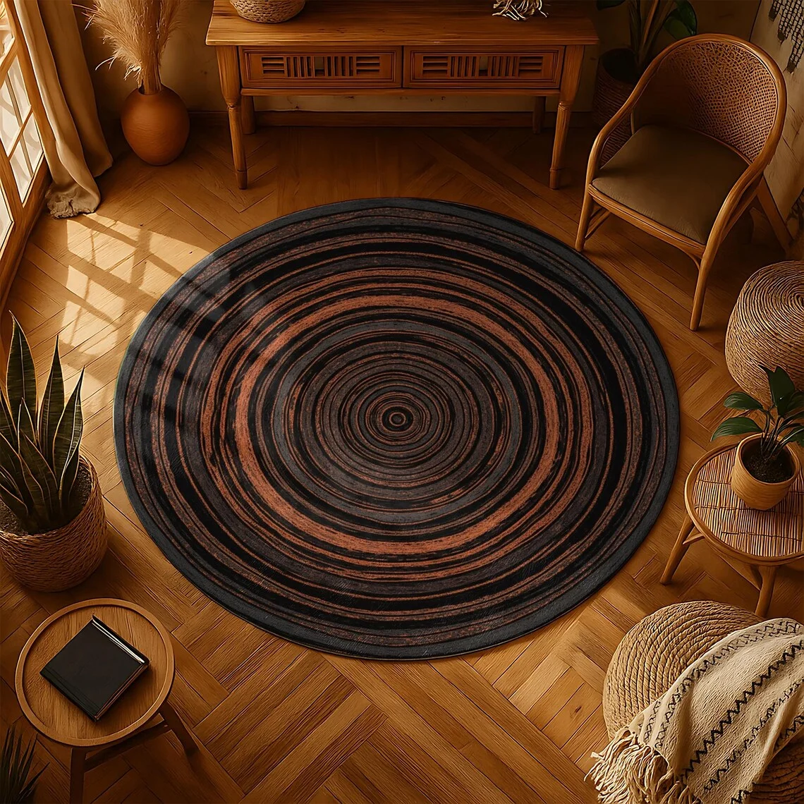 

Tree Ring Wood Grain Round Carpet – Non-Slip Area Rug for Living Room, Bedroom Floor Decor, Natural Style Birthday Gift