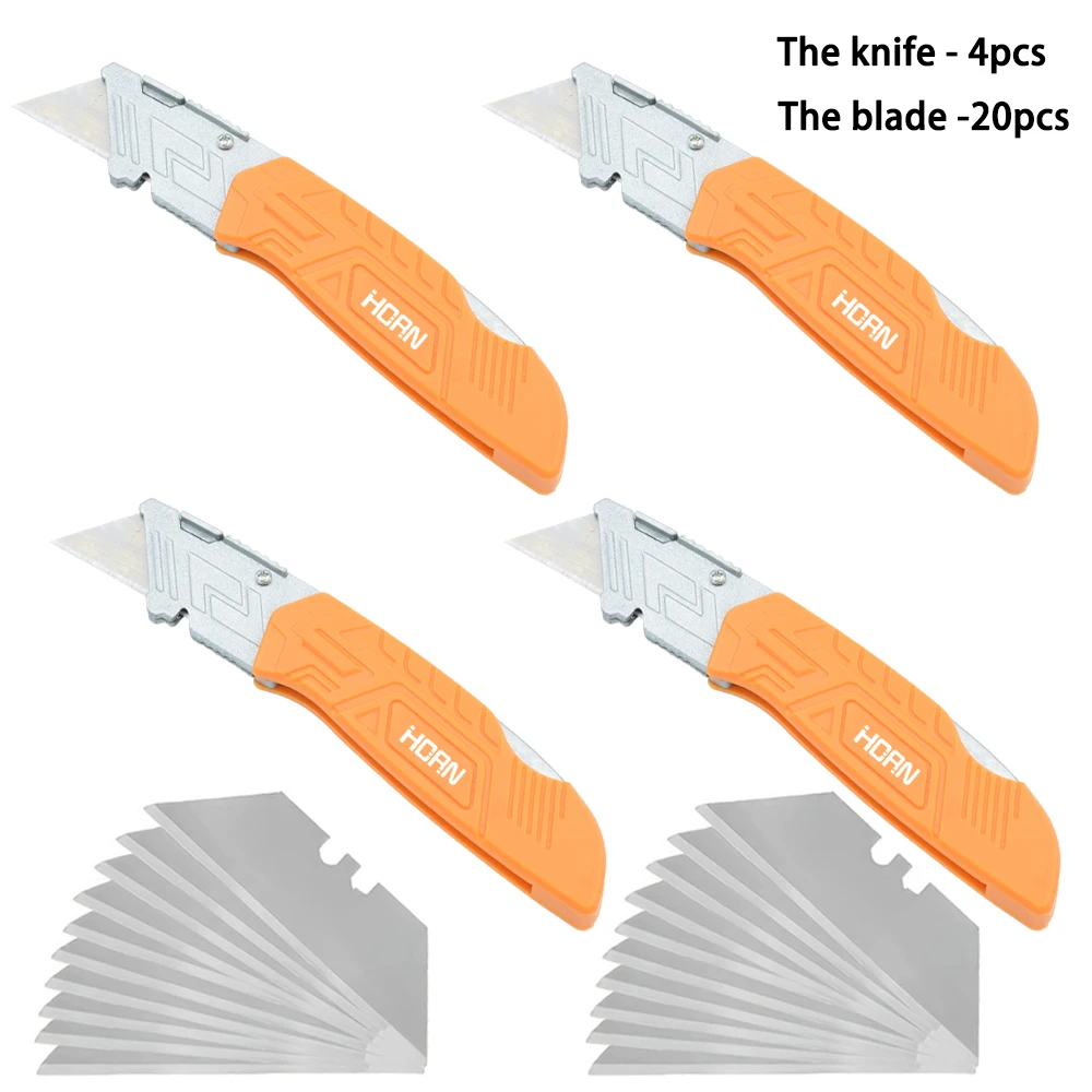 4-Pack Folding Utility Knife Set with 12 Extra Blades, Orange-Coded Handles for Jobsite, Warehouse & Home Use